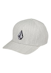 Grijze stoffen baseballpet met een ronde kroon en een platte rand. Voorzien van een zwart logo aan de voorkant en zes ventilatiegaten.