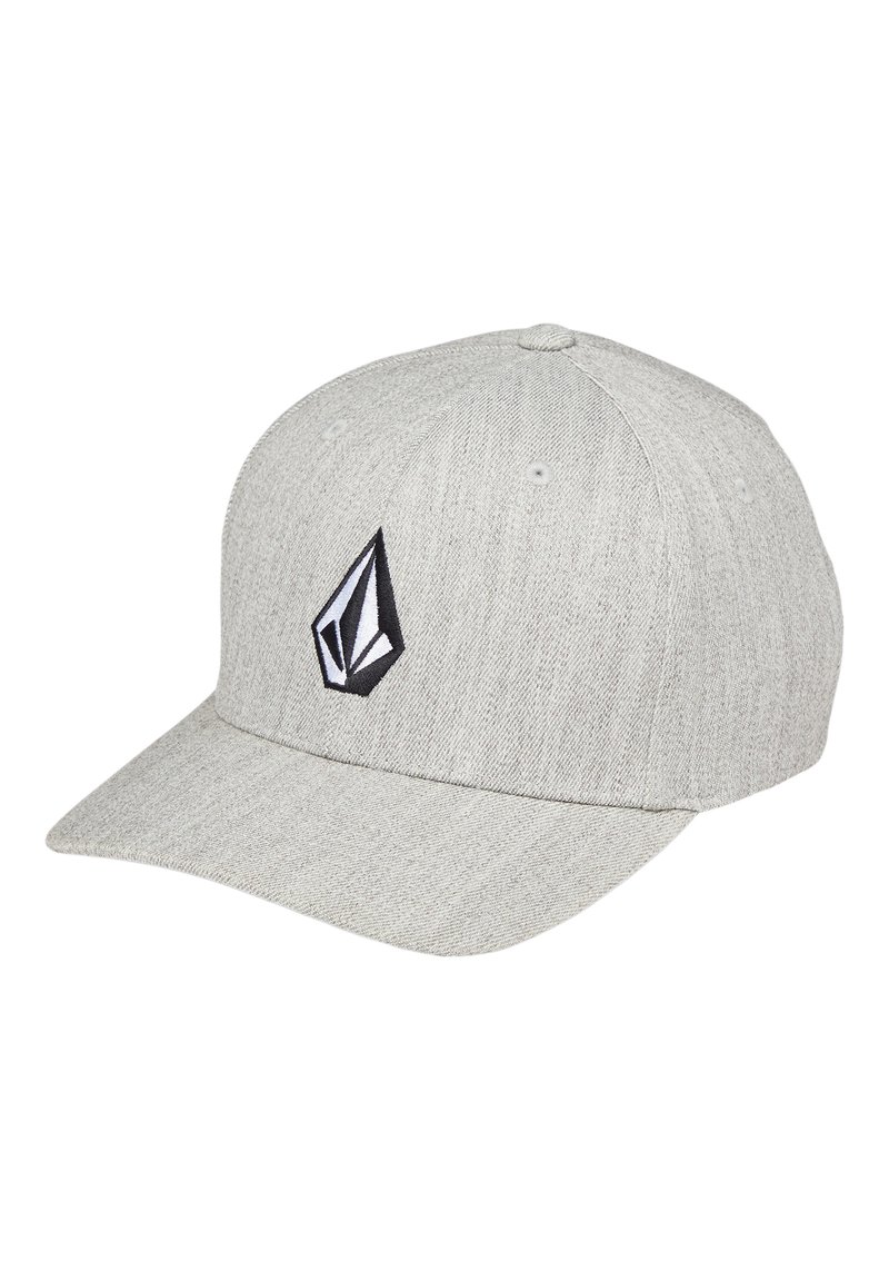 Grijze stoffen baseballpet met een ronde kroon en een platte rand. Voorzien van een zwart logo aan de voorkant en zes ventilatiegaten.
