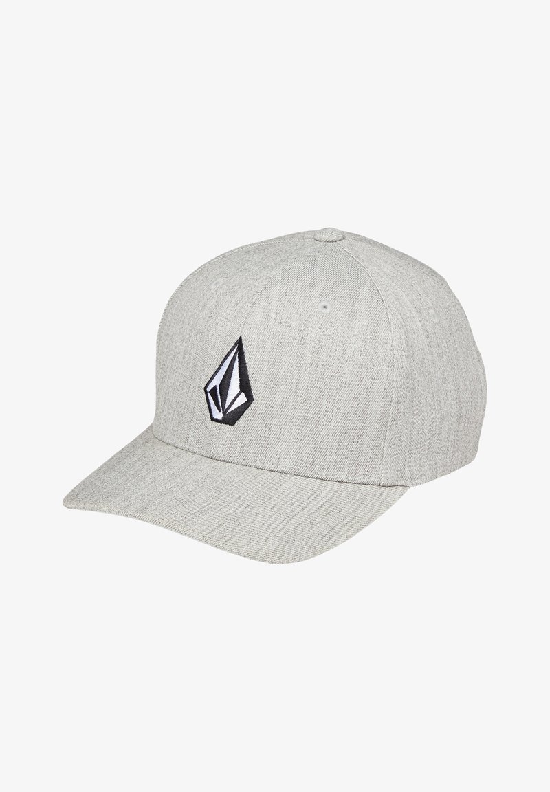 Harmaa kangaspohjainen baseball-lakki, jossa on pyöreä kruunu ja tasainen lippa. Etupuolella musta logo ja kuusi ilmanvaihtoreikää.