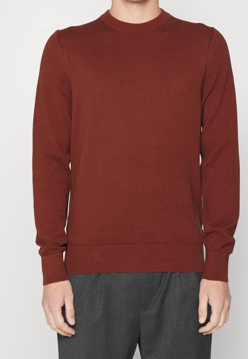 Homme portant un pull ras du cou de couleur rouille unie à manches longues et un pantalon gris foncé, debout devant un fond uni.