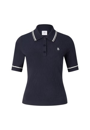 Laivastonsininen lyhythihainen poolopaita, jossa valkoinen raita kauluksessa ja hihoissa, kolme nappia ja pieni kirjailtu "B"-logo rinnassa.