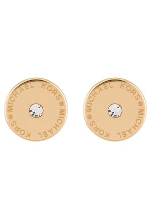Runde Ohrstecker in Goldfarbe mit „MICHAEL KORS“ Gravur um klare zentrale Kristalle.