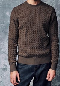 Brązowy sweter w splot kablowy z prążkowanym kołnierzykiem i mankietami, z teksturowanym wzorem. Połączony z ciemnymi dżinsami.
