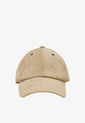 Beige Stoff-Baseballkappe mit gebogenem Schirm und zwei Belüftungsösen auf den vorderen Paneelen.
