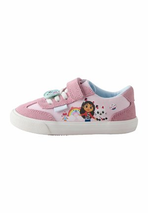 Pink children's sneaker with white sole, hook-and-loop strap, and cartoon characters including a girl, cat, and rainbow on the side.