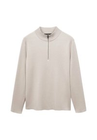 Hellbeige Pullover mit langen Ärmeln, hohem Kragen und Reißverschluss am Ausschnitt. Weiche Textur mit einer leicht lockeren Passform und minimalistischem Design.