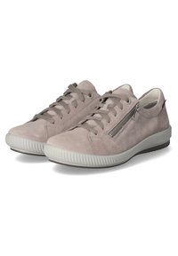 Gray suede sneakers with lace-up front, side zipper, rounded toe, and textured white rubber sole. Lightweight design with breathable interior.