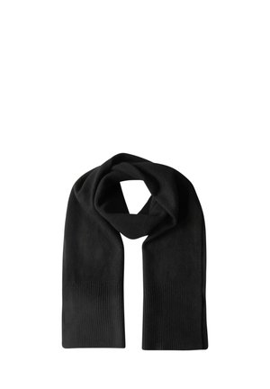 Écharpe noire tricotée pliée avec des extrémités côtelées, conçue pour la chaleur et le port hivernal.