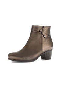 Bottines en cuir bronze avec un bout arrondi, fermeture zippée latérale et couture décorative ; elles présentent un talon carré et une texture lisse.