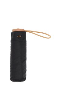 Czarna tkanina pokrowca na parasol z beżową górą i paskiem na nadgarstek, z subtelnym logo oraz gładką teksturą. Kompaktowy cylindryczny kształt.