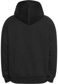 Schwarzer Kapuzenpullover aus weichem Stoff, mit einem gestickten Logomuster, gerippten Bündchen und einem gerippten Saum.