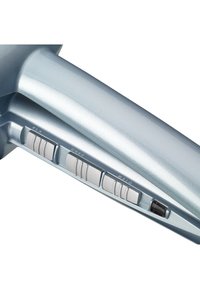 Handheld apparaat met een metallic lichtblauwe afwerking, voorzien van drie bedieningsknoppen in zilver met verhoogde texturen en een donkere schuifschakelaar.