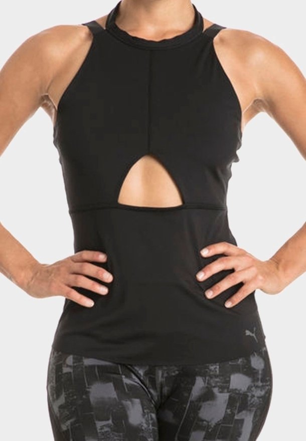 Musta urheilullinen hihaton paita, jossa on korkea kaulus, edessä leikkaus ja vartalonmyötäinen malli. Valmistettu sileästä, joustavasta materiaalista.