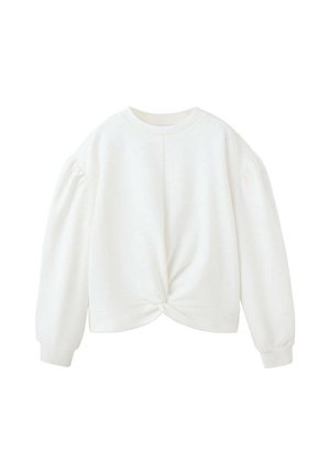 Witte sweatshirt met lange mouwen, een ronde hals en een vooraan gedraaide knoopdetail langs de onderzoom.