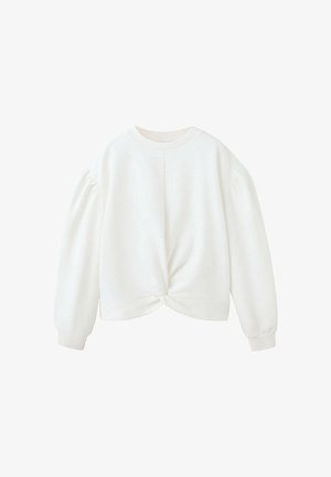 Sweat-shirt blanc à manches longues avec un col rond et un détail de nœud torsadé à l'avant, le long de l'ourlet inférieur.