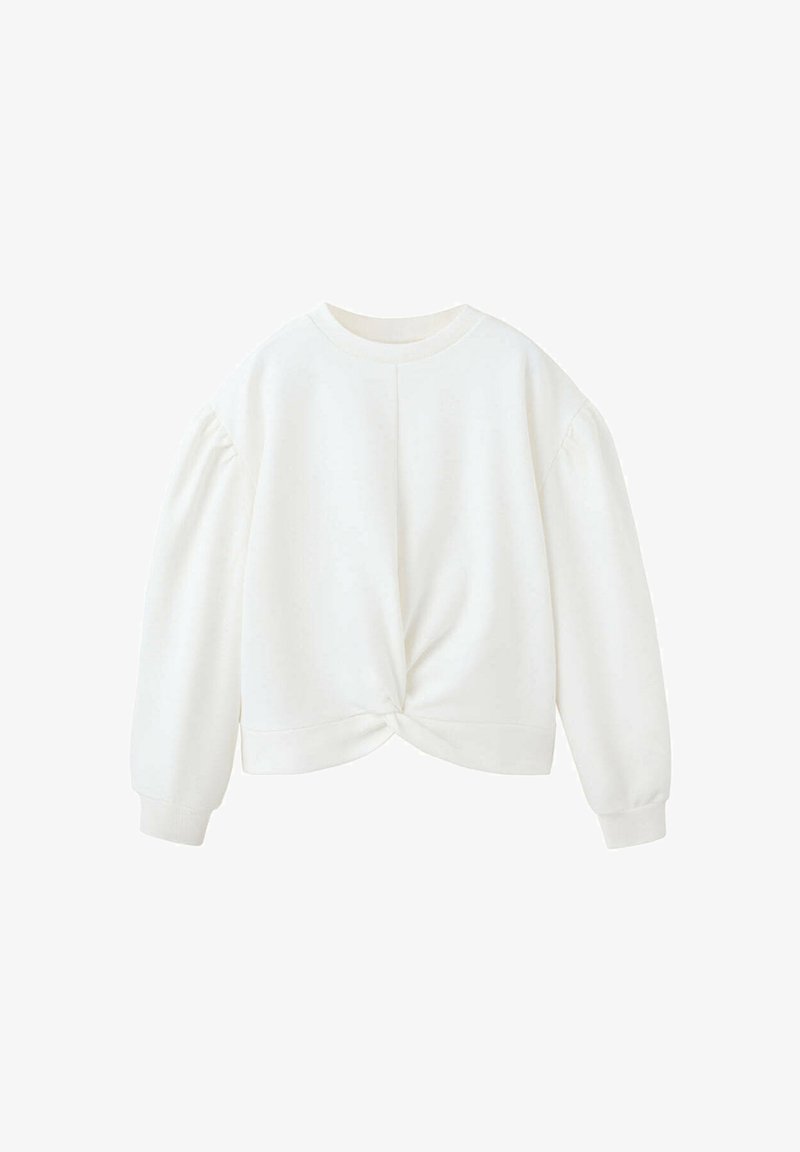 Sweat-shirt blanc à manches longues avec un col rond et un détail de nœud torsadé à l'avant, le long de l'ourlet inférieur.