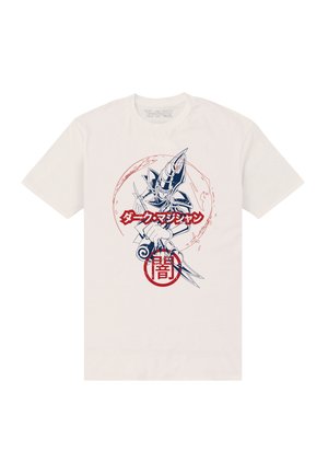 White cotton t-shirt featuring a graphic print of a blue and red character design within a circular outline.