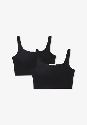 Top crop neri con scollatura quadrata e spalline larghe. Realizzati in un tessuto morbido e elastico. La confezione include due top identici.