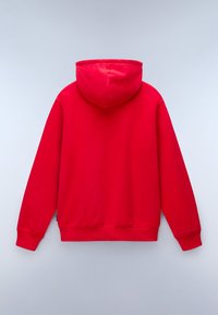 Rode hoodie met lange mouwen, effen kleur, gladde stof, geribbelde boorden en zoom, voorzien van een grote capuchon aan de achterkant.