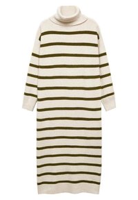 Beiges Strickkleid mit einem oversized Rollkragen, das breite olivgrüne horizontale Streifen aufweist. Mit langen Ärmeln und knielangem Design.