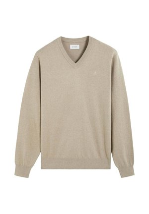 Jersey beige de manga larga con cuello en V, puños y bajo acanalados, hecho de tejido de punto suave, mostrado sobre un fondo blanco.