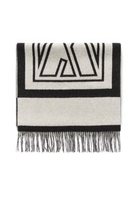Plaid di lana misto con un audace motivo geometrico nero su uno sfondo grigio chiaro, rifinito con bordi frangiati.