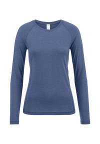 Langarmshirt van blauwe gemêleerde stof, met een ronde hals en raglanmouwen. Soepele textuur zonder patronen of accenten.