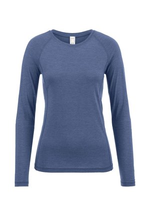 Langärmliges Hemd aus blauer Melange-Stoff, mit Rundhalsausschnitt und Raglanärmeln. Glatte Textur ohne Muster oder Akzente.