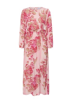 Langes rosa Maxikleid mit langen Ärmeln, abstraktem roten und beigen Blumenmuster, rundem Ausschnitt und gerafftem Taillendetail.