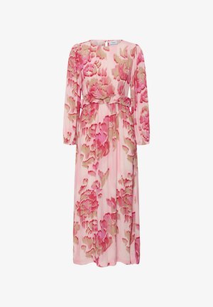 Robe longue à manches longues rose avec imprimé floral abstrait rouge et beige, encolure ronde et détail volanté à la taille.