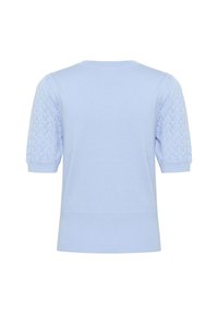 Light blue knitted top with short puff sleeves, featuring a textured pattern on the sleeves and a fitted ribbed hem.