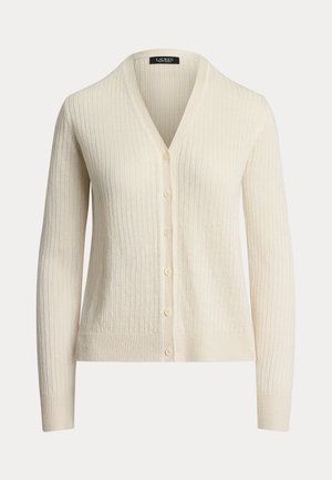Cream ribbed cardigan featuring a V-neck, button closure, and long sleeves. Made of soft fabric with a textured pattern.