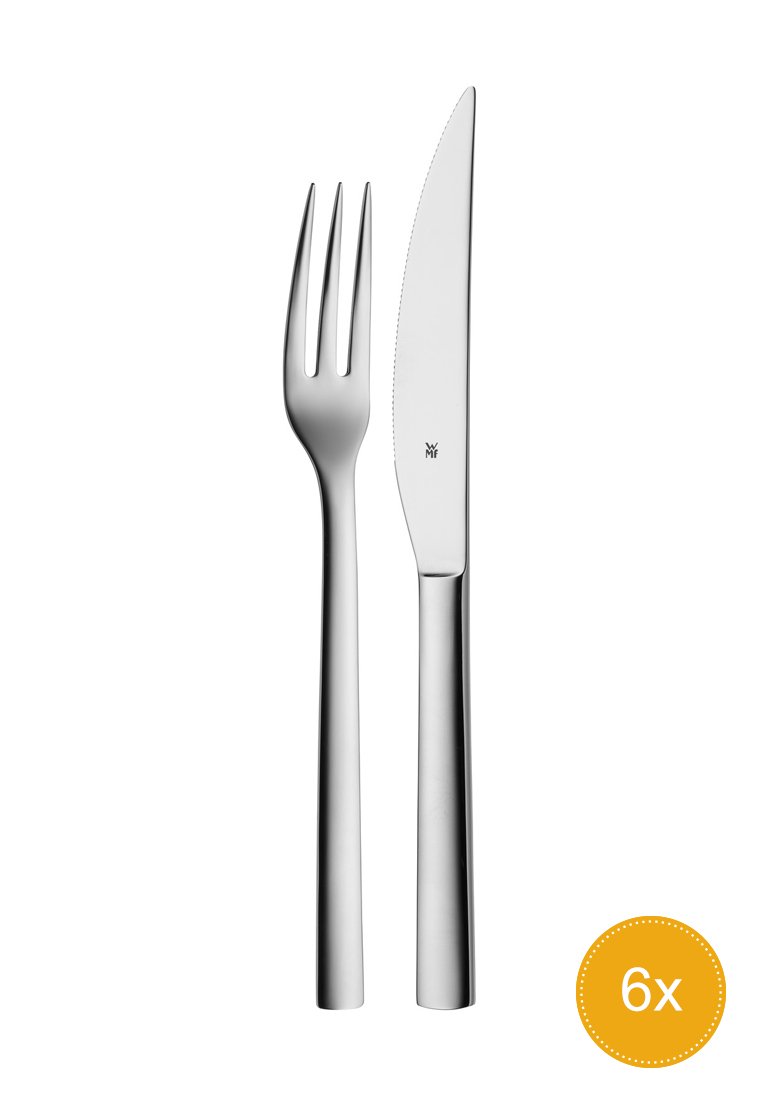 Edelstahl Besteckset mit glatten, polierten Oberflächen. Die Gabel hat vier Zinken; das Messer hat eine gerade Klinge. Sechs Teile im Set.