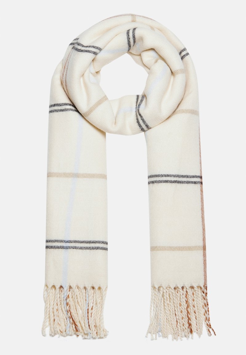 Écharpe couleur crème avec un motif à carreaux en lignes noires, beige et bleu clair, finie avec des franges torsadées aux deux extrémités.