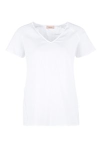Hvid bomulds T-shirt med v-hals, korte ærmer og en blød, tekstureret finish. Har sideslidser for øget komfort.