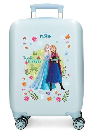 Maleta azul clara con ruedas que presenta a los personajes Elsa y Anna de Frozen, rodeadas de flores coloridas y copos de nieve, con el texto "Juntas para siempre".