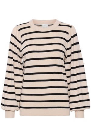 Stribet sweatshirt i blødt stof, med en lys beige bundfarve og sorte vandrette striber, rund hals og puffede lange ærmer.