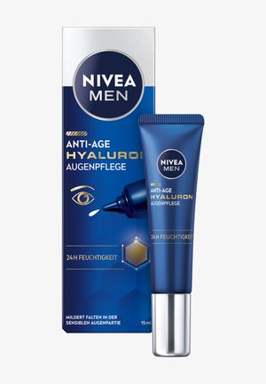 NIVEA MEN anti-age eye cream in a 15ml blue tube with a silver cap, accompanied by a matching box featuring gold accents and branding.