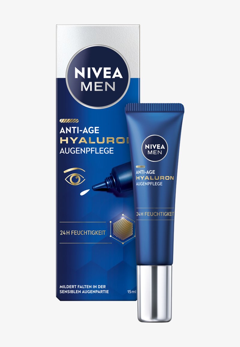 NIVEA MEN anti-age eye cream in a 15ml blue tube with a silver cap, accompanied by a matching box featuring gold accents and branding.