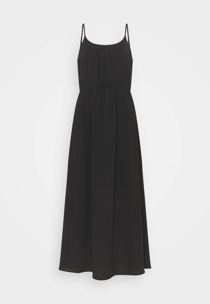 Robe maxi noire sans manches avec fines bretelles et taille cintrée, jupe fluide sur fond blanc uni.
