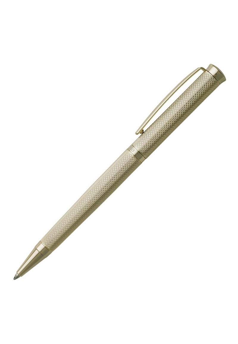 Kovová guľôčková pero s textúrovaným zlatým puzdrom, s elegantným tvarom a klipom na boku pre pripevnenie.