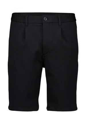 Schwarze, maßgeschneiderte Shorts mit Knopf- und Reißverschluss, Gürtelschlaufen und Seitentaschen, gezeigt vor weißem Hintergrund.