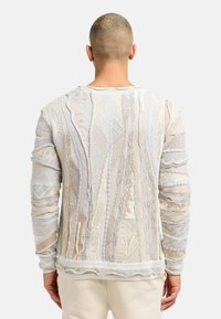 Strikket sweater i lys beige og grå med indviklede mønstre, en ribbet halsudskæring og lange ærmer, der har en afslappet pasform og lagdelt design.