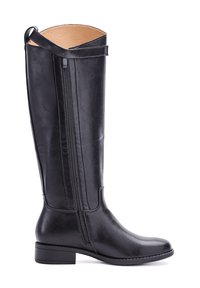 Botte en cuir noire à hauteur de genou avec une fermeture éclair sur le côté, talon bas et doublure intérieure beige, vue de l'extérieur.