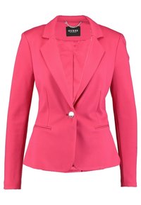 Veste rose cintrée avec des revers structurés, une fermeture à un bouton et deux poches avant. Confectionnée dans un tissu lisse et extensible.