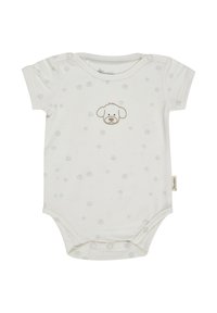 Short-sleeve baby bodysuit in cream cotton with a light grey dog face graphic and paw print pattern. Snap closure at the bottom.
