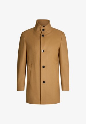 Wollmantel in Camel mit hohem Kragen, fünf schwarzen Knöpfen und seitlichen Taschen. Glatte Textur, taillierte Passform und mittellanger Schnitt.