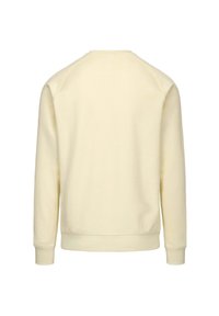 Felpa gialla chiara realizzata in tessuto morbido, con maniche lunghe, polsini a costine e collo rotondo. La vista posteriore mostra un design minimal.