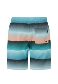 Zwemshorts in turquoise, zwart en koralen verloop met subtiele golvende strepen. Voorzien van een elastische tailleband en een zijzak.