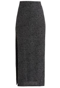 Černá tužková sukně s vysokým pasem a bílým malým tečkovaným vzorem, s rozparkem na levé straně, délka po kolena až do poloviny lýtek.